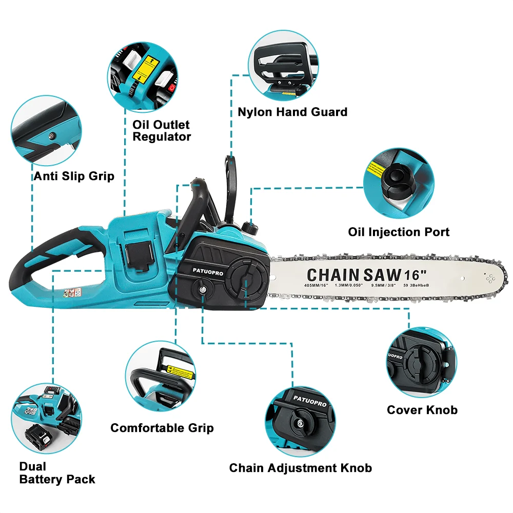 Brushless 16Inch Cordless Electric Chain Saw Woodworking Tools For Orchard Branch Handheld Cutter For Makita Battery(No Battery)