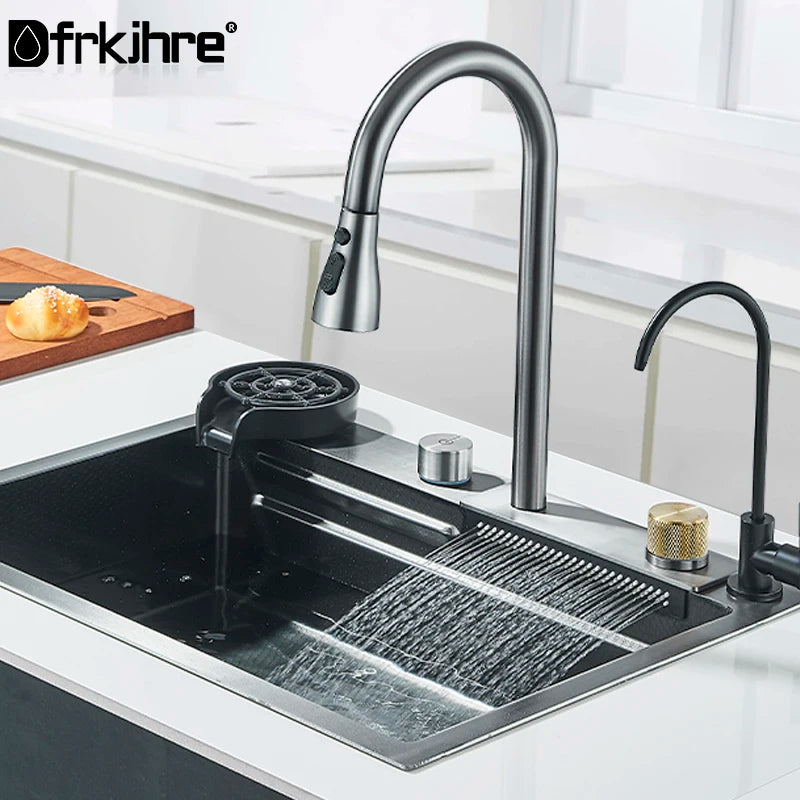 304 Stainless Steel Waterfall Kitchen Sink Large Single Slot Integrated 60X45cm Faucet Set Soap Dispenser Pure Water Tap