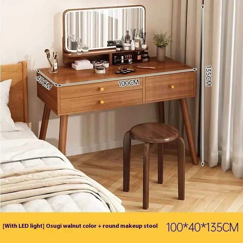 Minimalist Retro Dressers for Bedroom Walnut Color Dressing Tables with Mirror Chair Makeup Dresser Vanity Bedroom Furniture2025