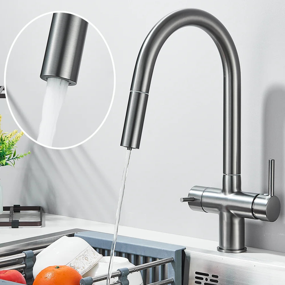 Gun Grey Dual Spout Kitchen Mixer Swivelling 360° Hot And Cold Water Mixer Pull-down Pure Water Faucet Twin-handle Kitchen Mixer