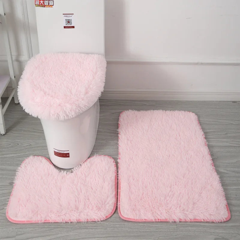 Inyahome 3pcs/set Plush Bathroom Bath Mats Set Anti Slip Toilet Rug and Toilet Lid Cover Soft Fluff Shower Carpet Floor Bath Mat