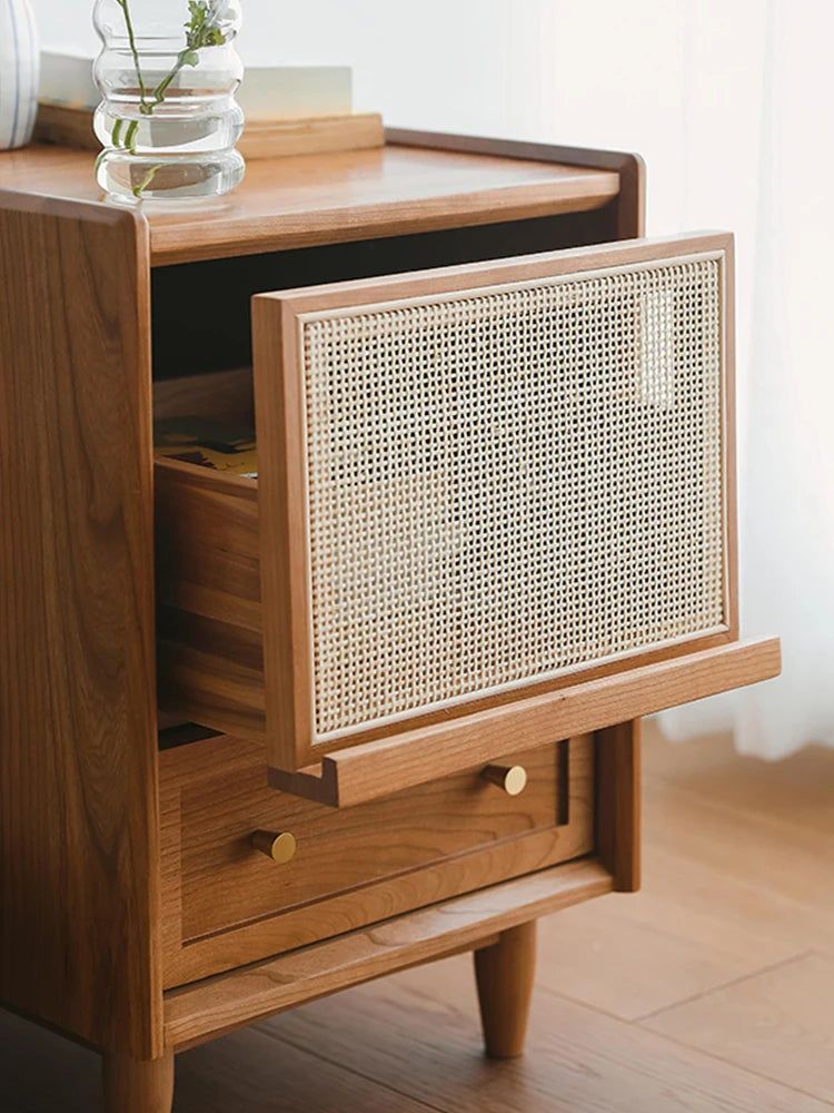 Rattan Weaving Bedroom Furniture, Bedside Table, Multifunctional Small Side Storage Cabinet, Solid Wood Night Stand Customized