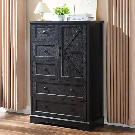 White Dresser for Bedroom, 5 Drawers Farmhouse Wood Dresser with Double Storage Cabinet, 48 Inches Tall Chest of Drawers for Be