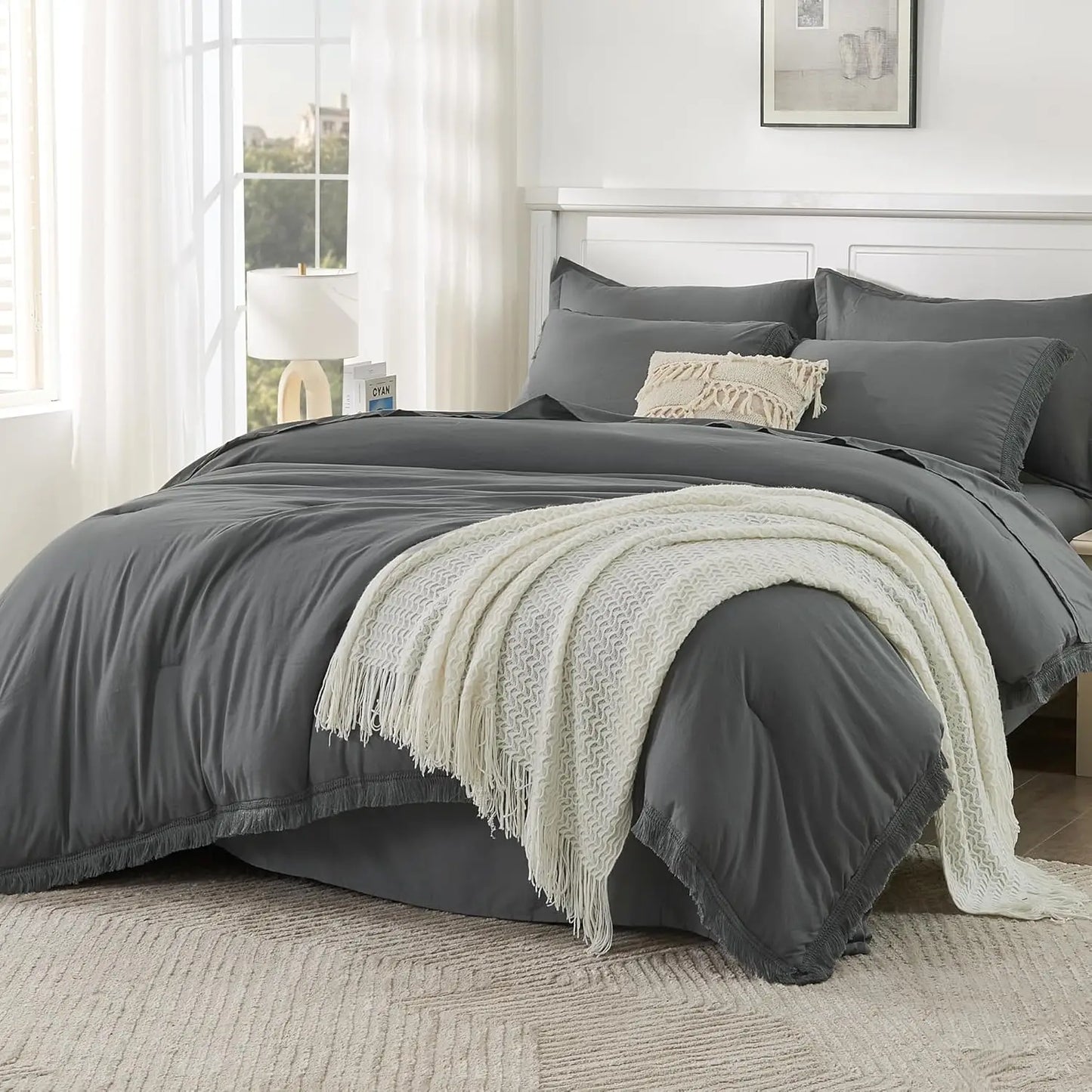 Comforter Set King Size, with Sheets 7 Pieces Boho Tassel Bed in a Bag Soft Lightweight Bedding Sets, All Season Fringe Bed Set