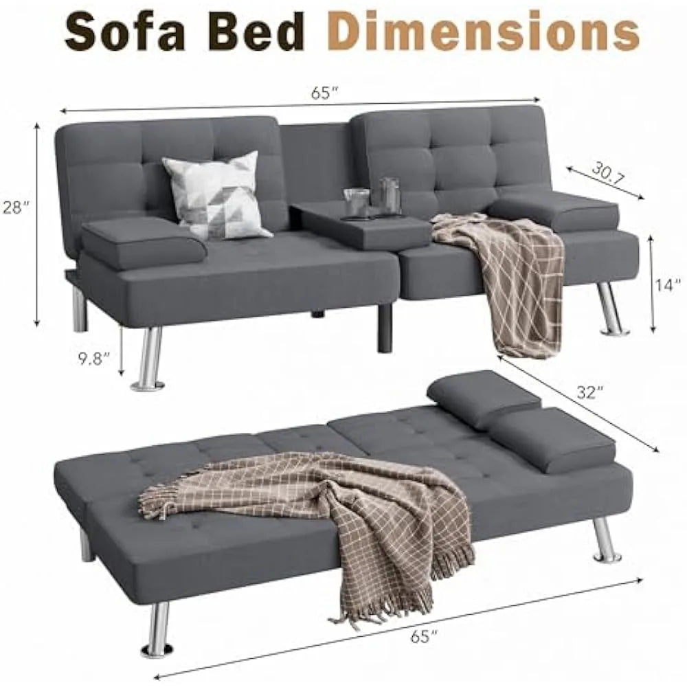 Modern Sofa Bed with Cupholders & Metal Legs