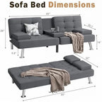 Modern Sofa Bed with Cupholders & Metal Legs