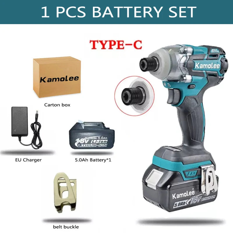 Kamolee 520N.m Brushless Electric Impact Wrench 1/2 and 1/4 Inch Household Wireless Charging Small 18V Battery Wrench Tool