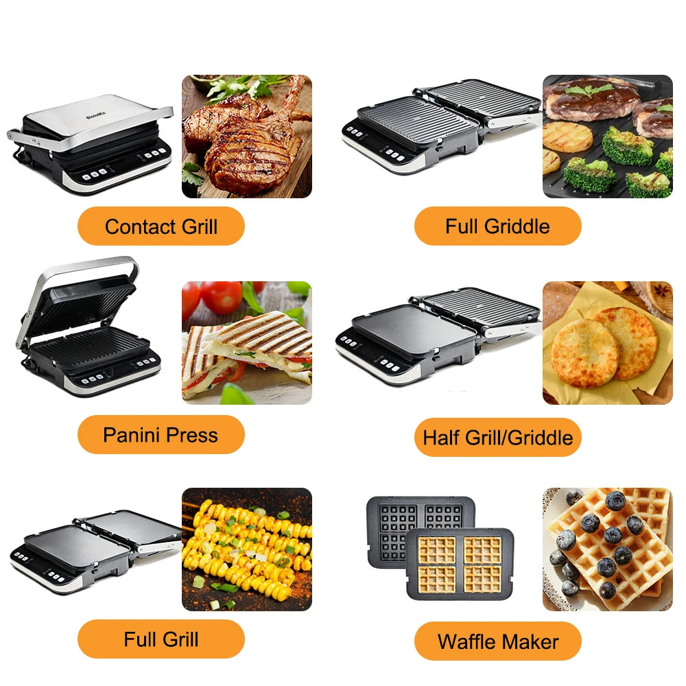 BioloMix 2000W 6-in-1 Electric Grills for Barbecue, Digital Griddle, Sandwich and Panini Press, Optional Waffle Maker Plates