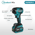 YOFIDRA 1000N.m Brushless Electric Impact Wrench 1/2" Cordless Rechargeable Socket Screwdriver Power Tool For Makita Battery Pin