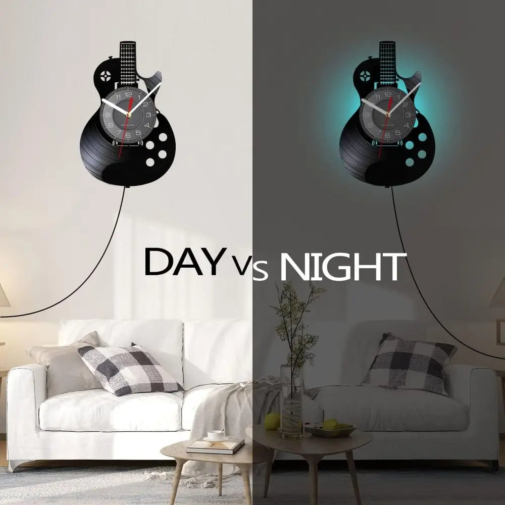 LED Wall Clock 7 Colors Musical Instrument Night Light Wall Clock Wall Decor With Light Acoustic Guitar Wall Clock Gift for Men