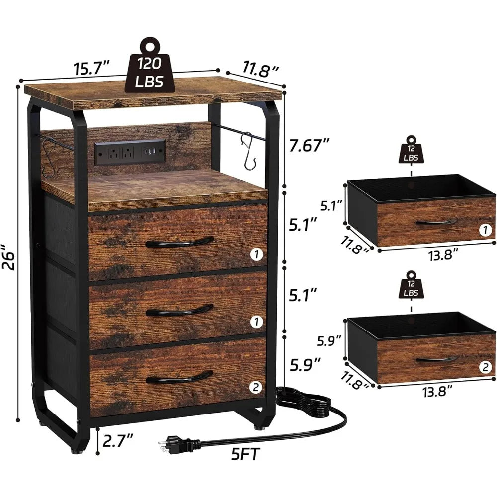 Bed Side Table with 3 Fabric Drawers,  LED Nightstand with Hooks, Bedside Table with Charging Station, End Table with Storage