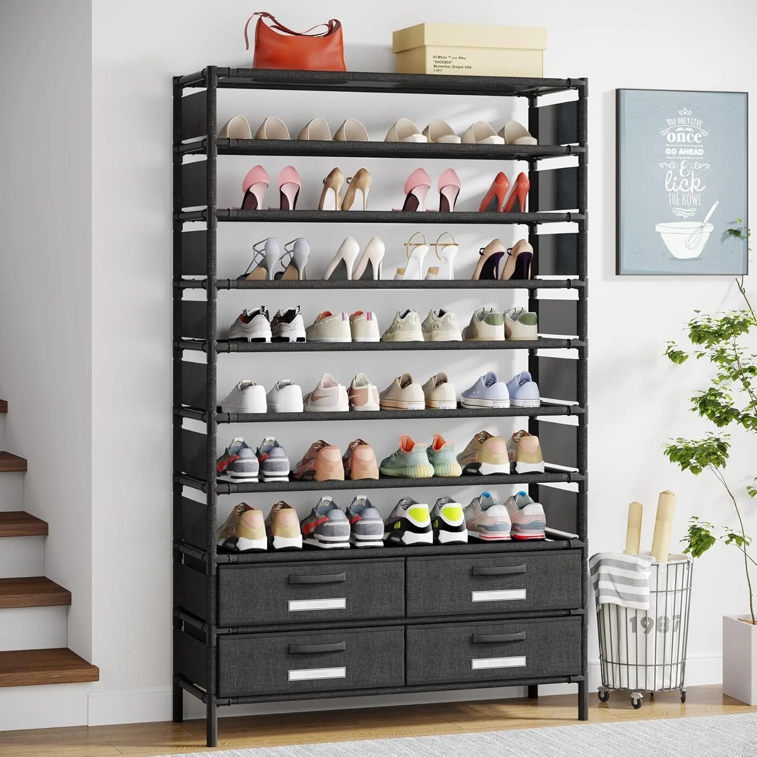 bookshelf with 4 Bins Drawers for Closet Entryway, Vertical Shoe Racks Free Standing wardrobes, clothes rack