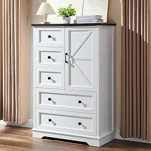 White Dresser for Bedroom, 5 Drawers Farmhouse Wood Dresser with Double Storage Cabinet, 48 Inches Tall Chest of Drawers for Be