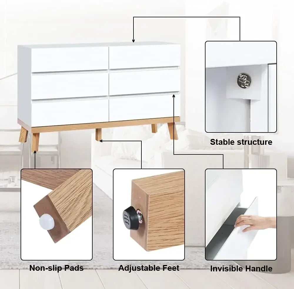 White Dresser for Bedroom 6 Drawer Double Dresser Chest of Drawers Large Storage Cabinet Wooden Dresser for Bedroom (White)