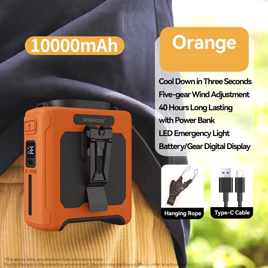 10000mAh Portable Waist Fan with Power Bank LED Lighting Hanging Neck