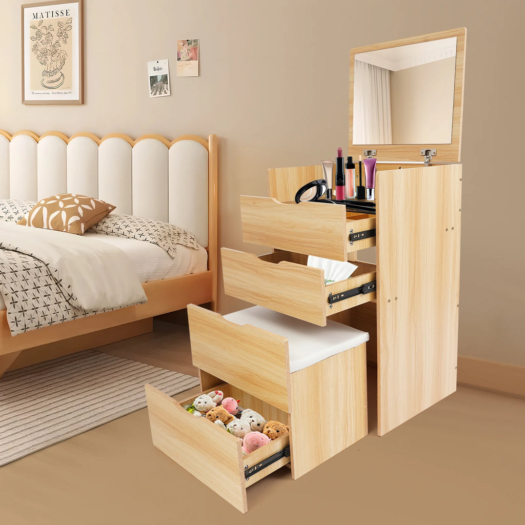 48CM Makeup Table with Makeup Stool, Cabinet with 3 Drawers , +Flip Mirror Modern Style Log Color