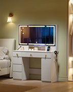 Hzuaneri Dressing Table with Mirror, LED Lighting, Power Strip and Hair Dryer Holder, 3 Colours, Brightness Control, 8 Drawers