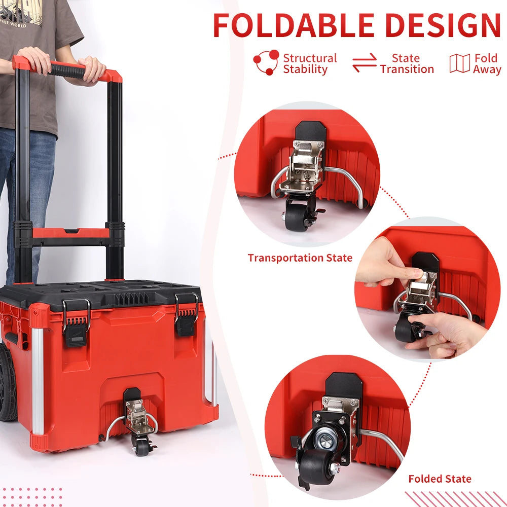 Steel Construction Front Wheels Packout Rolling Tool Box Caster Wheel Effortless Sliding Smooth Navigation Foldable Design
