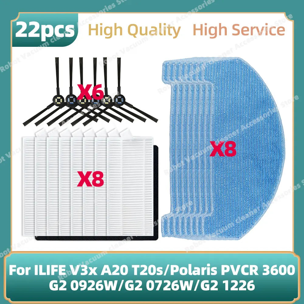 Compatible For ILIFE V3x, A20, T20s / Polaris PVCR 3600 / G2 0926W / G2 0726W / G2 1226 Side Brush Hepa Filter Mop Cloth Parts