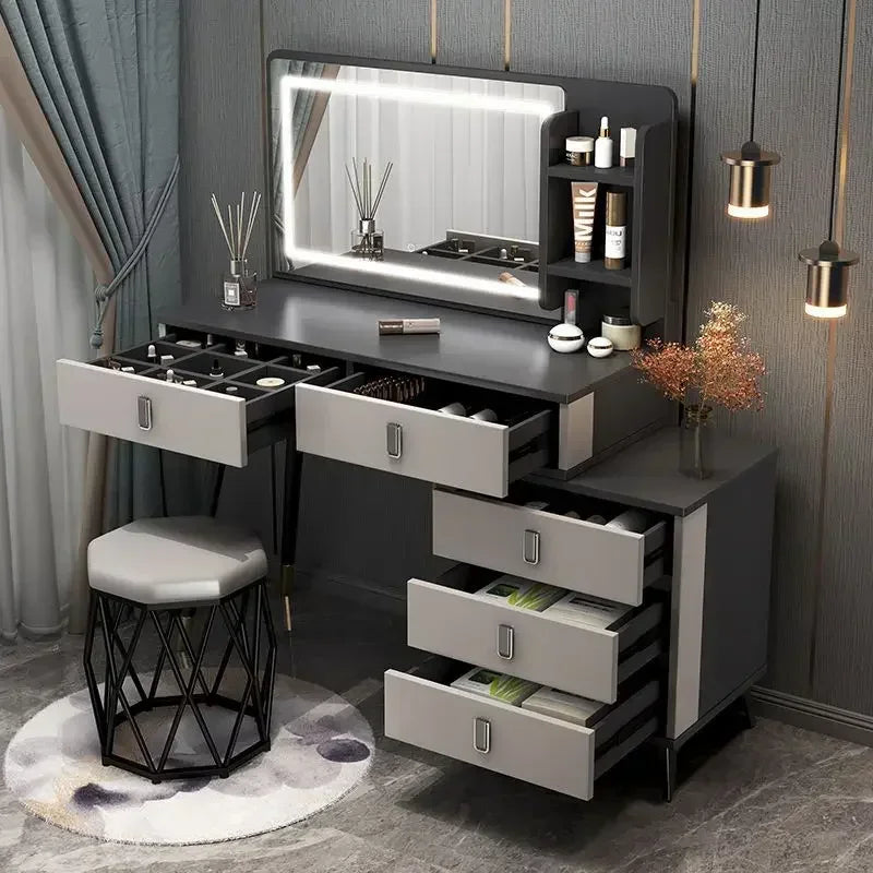 Luxury Dressing Table Comfortable Vanity Makeup Desk LED Large Mirror Drawer for Bedroom Wood Furniture Chest of Drawers Home