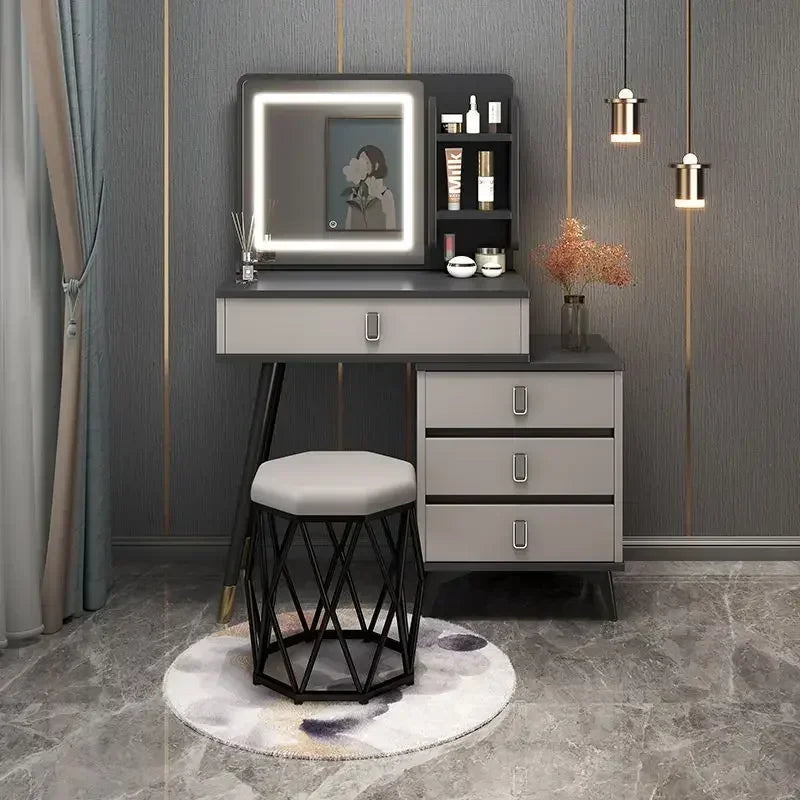 Luxury Dressing Table Comfortable Vanity Makeup Desk LED Large Mirror Drawer for Bedroom Wood Furniture Chest of Drawers Home
