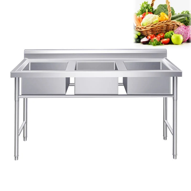 Stainless Steel Kitchen Sink 3-Room Freestanding Sink Standing Sink Handmade 201/304