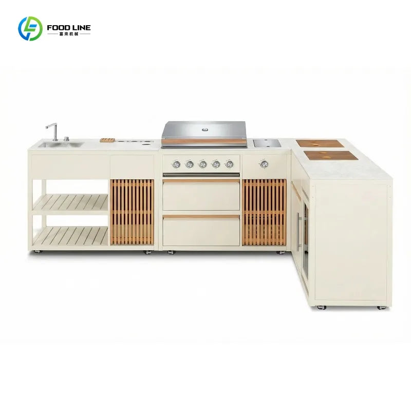 Custom Modular Outdoor Kitchen Cabinet With Large Pizza Oven, Gas Grill, Refrigerator And Sink For Garden Use