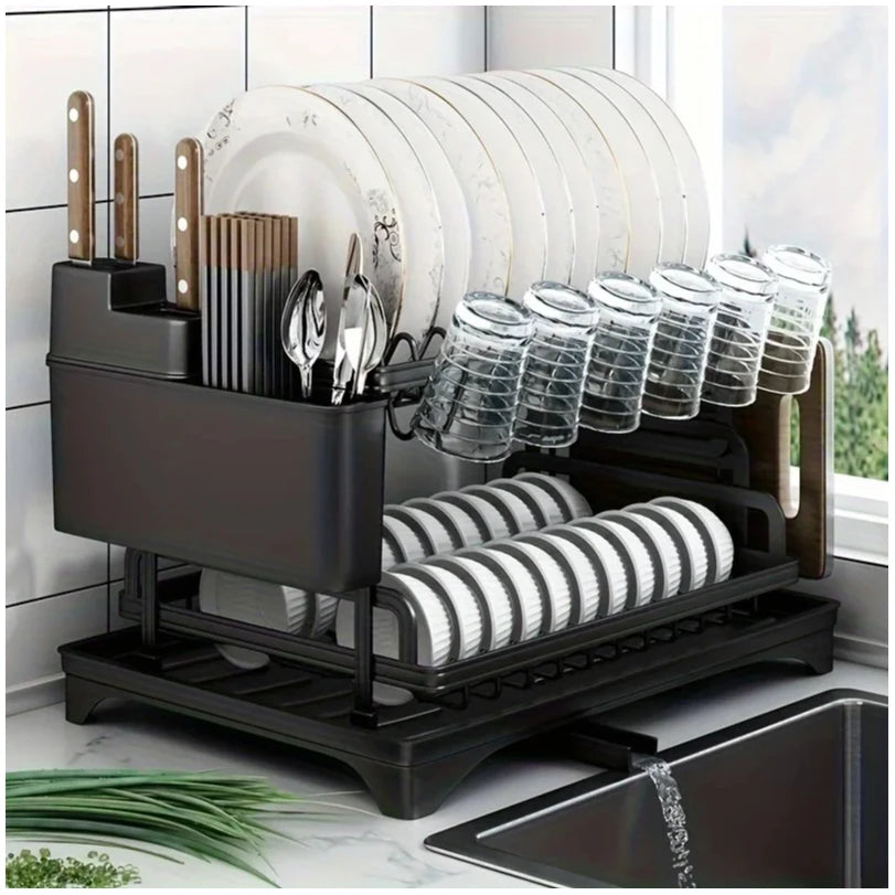2 Tier Dish Drying Rack Kitchen Bowl Drainer Storage Rack Tableware Drain Chopsticks Knife Fork Water Cup Storage Holder