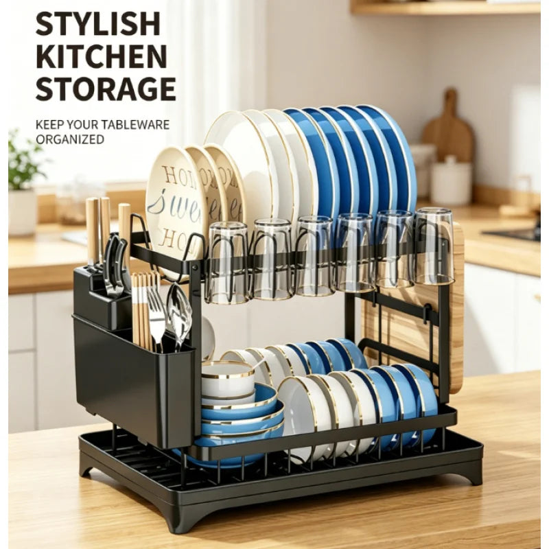 Kitchen Countertop Dish Drying Rack 2-Tier Rustproof Metal Large Capacity with Drain Tray for Tableware Organizer