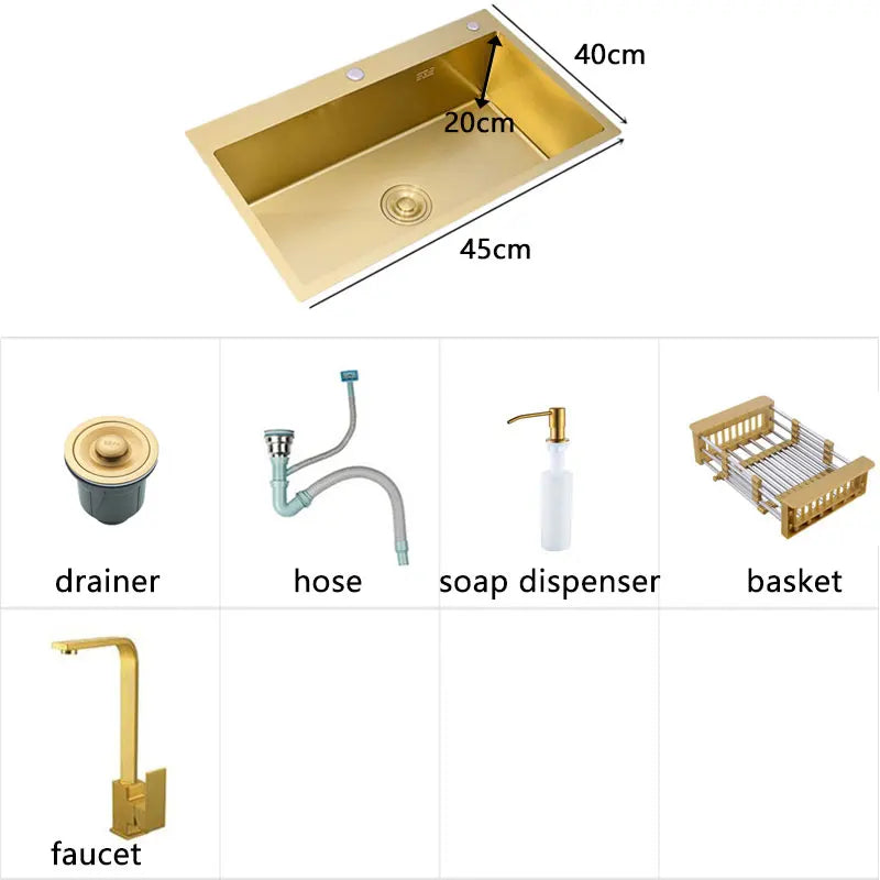 Gold Kitchen Sink Above Counter 304 Stainless Steel Single Bowl Goldn Basket Drainer Soap Dispenser Washing Basin