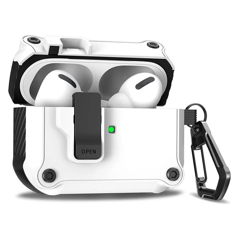 Dual Protective Case for AirPods Pro 2 and AirPods 4 2024 with Locking Clip Carbon Fiber Shockproof Keychain Magnetic Lid