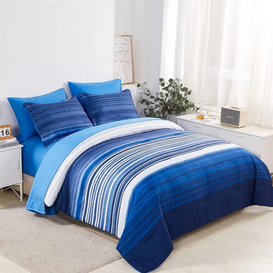 7 Piece Bed Stripe Comforter Set, Queen Size, Patchwork Striped Comforter and Sheet Set, Soft Microfiber Complete Bedding Sets