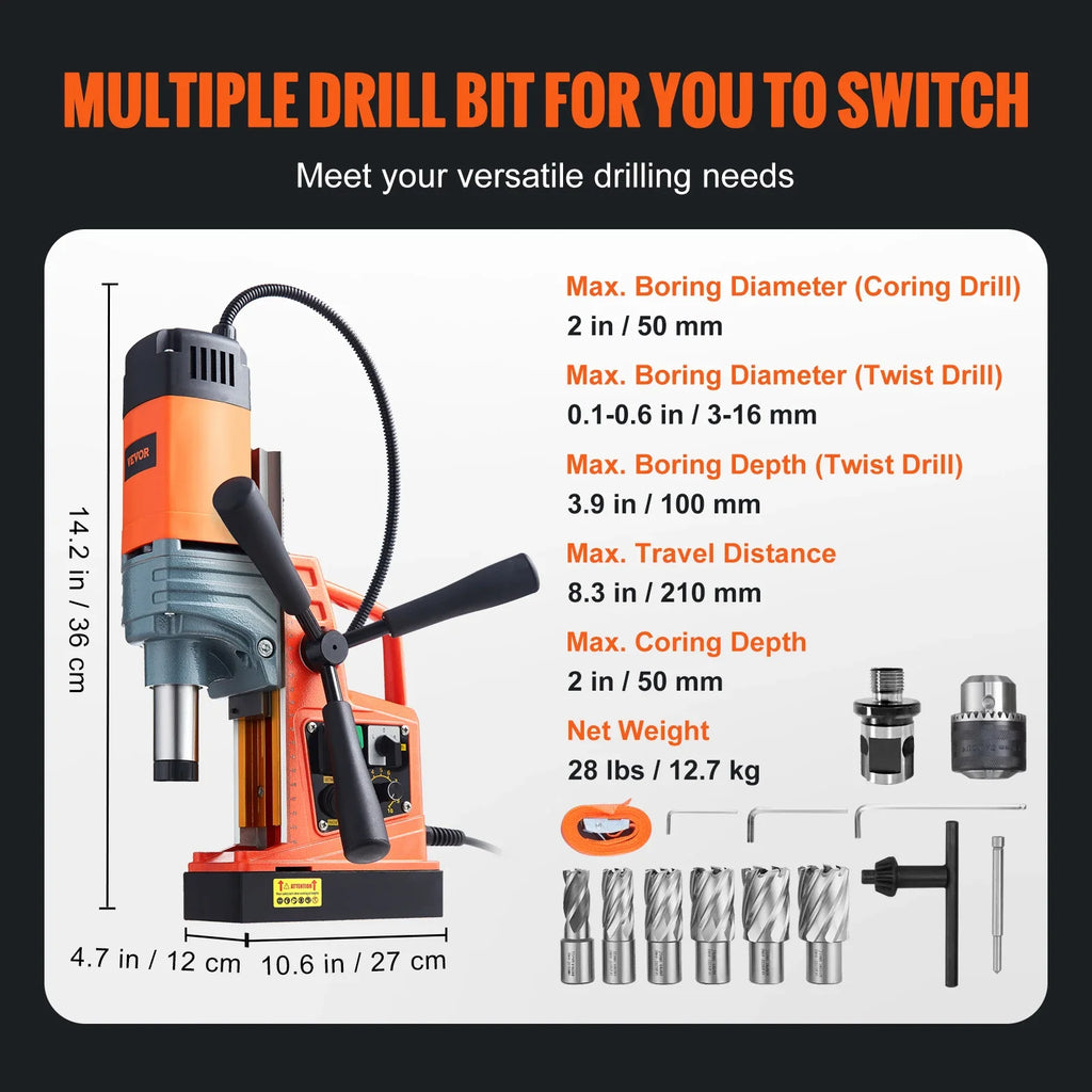 VEVOR 1300W 1400W 2" Electric Drilling Machine Magnetic Drill Press Boring Diameter Power Drill 810 PRM 1-second Release Drill