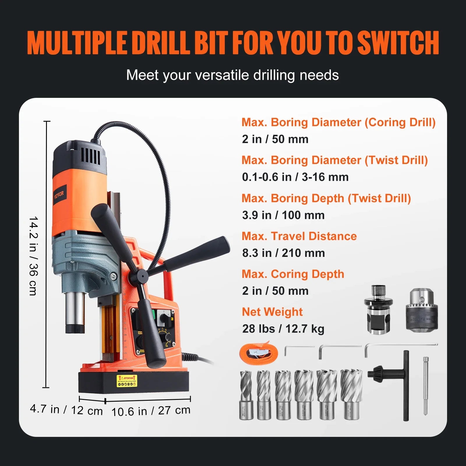 VEVOR 1300W 1400W 2" Electric Drilling Machine Magnetic Drill Press Boring Diameter Power Drill 810 PRM 1-second Release Drill