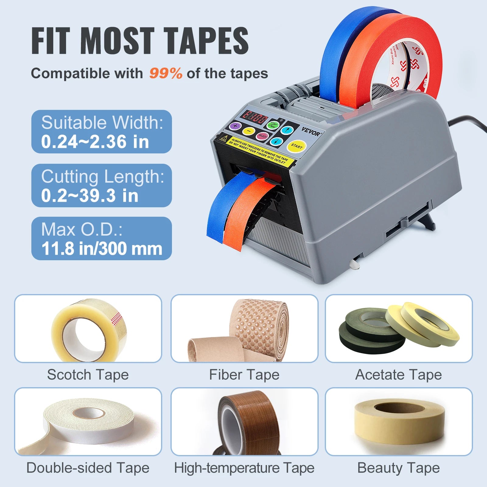 VEVOR ZCUT-9 Automatic Tape Cutting Machine Paper Slitting Dispenser 6-60mm Adhesive Electric Tape Cutter for Product Packaging