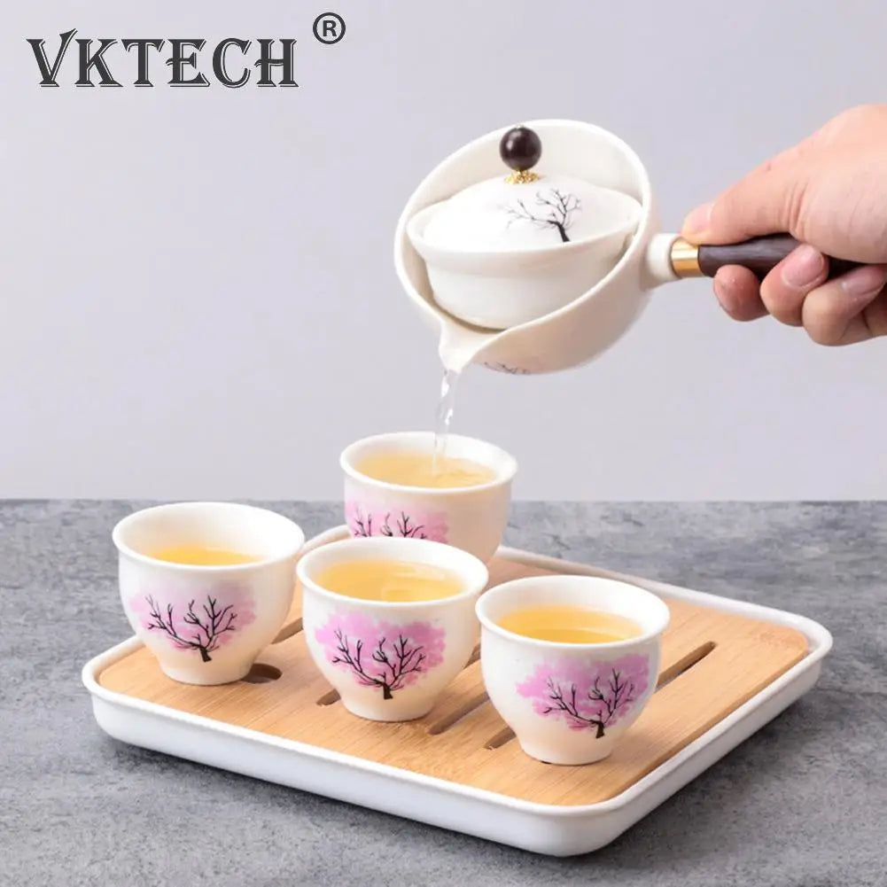 Portable Chinese Gongfu Kung Fu Tea Set 360 Rotating Teapot Ceramic Tea Maker Infuser Wooden Handle Pot Cup for Home Office