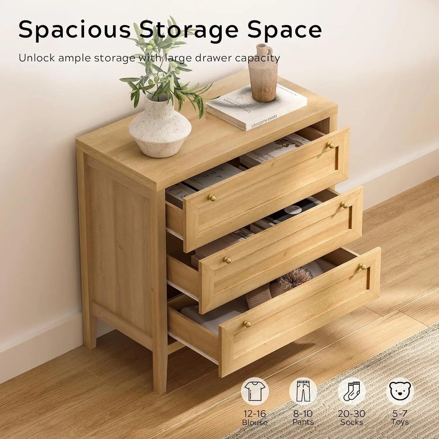 3 Drawer Dresser Set of 2 for Bedroom, Modern Chest of Drawers with Golden Handles, Wood Tall Nightstand,Natural Oak