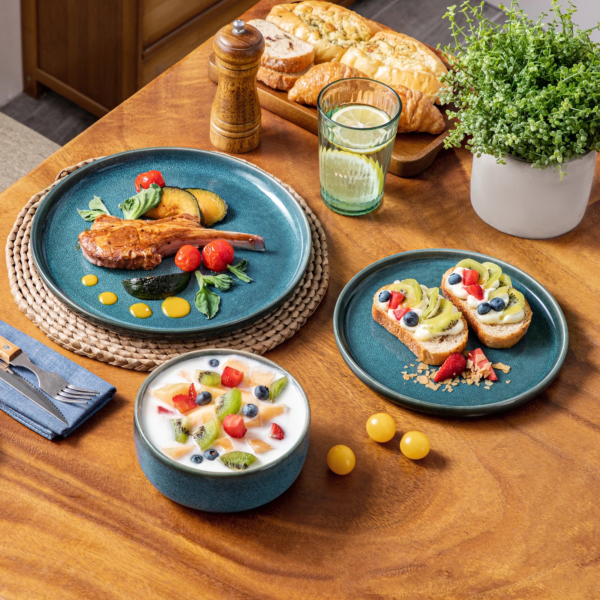 vancasso 18/36 Piece Blue Ceramic Plate Set Reactive Glaze Vertical edge Dinnerware Set With 6/12PCS Dinner Plate/Dessert/Bowl
