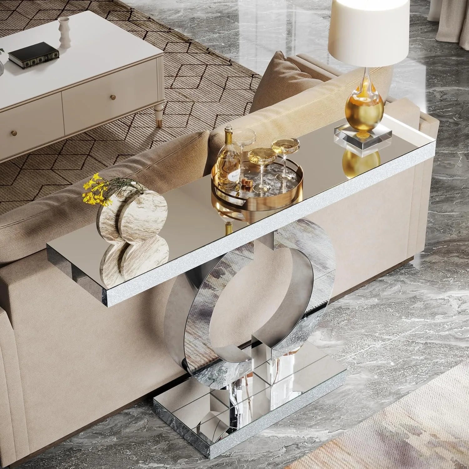 Mirrored Console Table with O-Shaped Base, Entryway Table Glass Sofa Table with Mirror Finish, Rectangle Accent Foyer Table