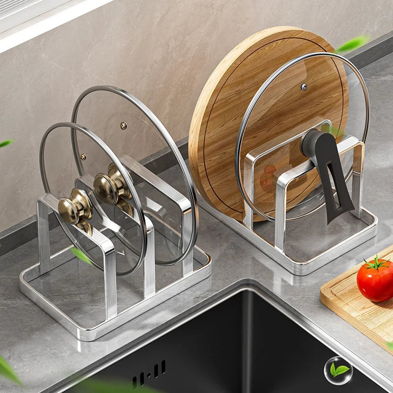And Cutting Board Organizer Combo - Heavy-Duty Countertop Rack, Kitchen Organizer Space-Saving Stainless Steel Pot Lid