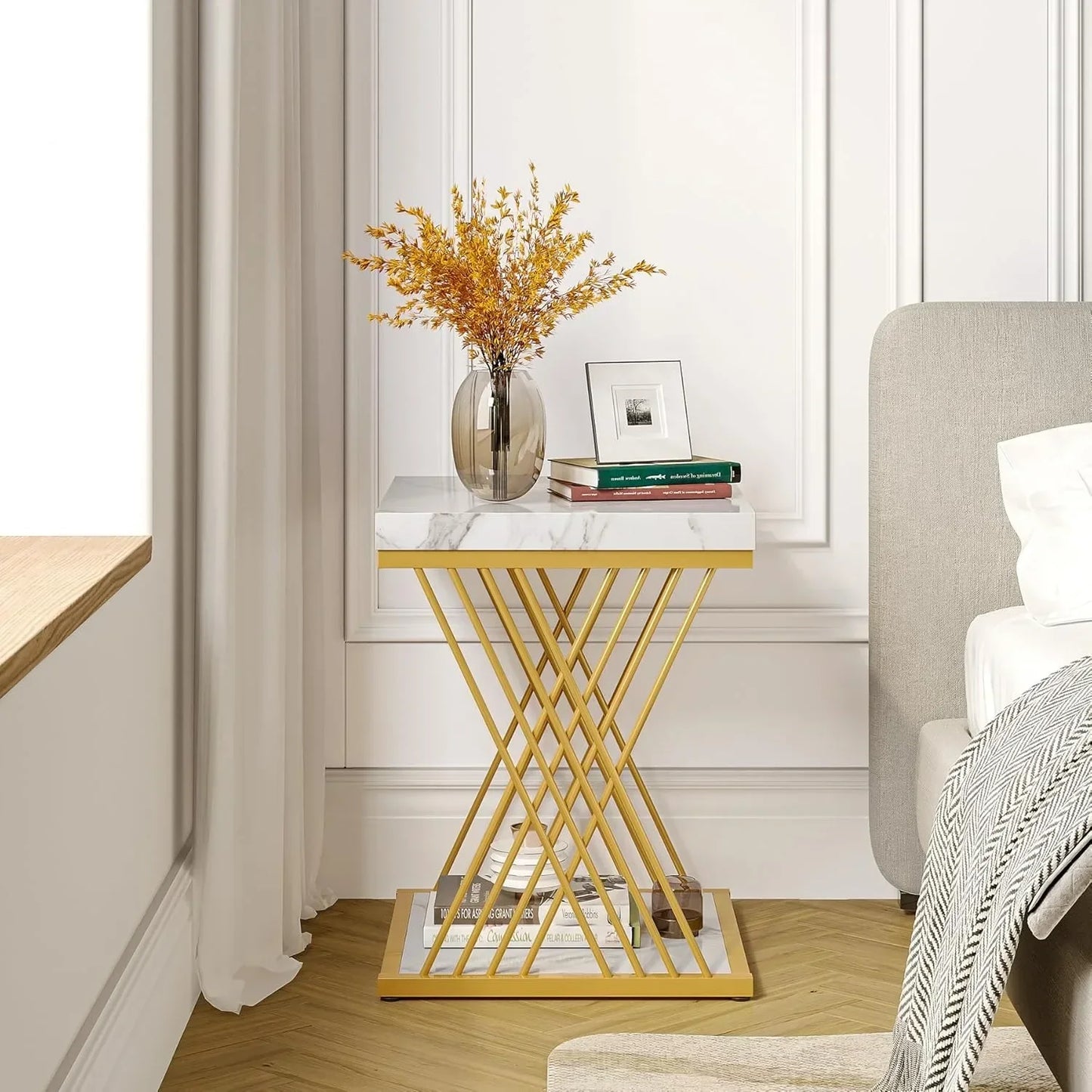 Square End Table White Gold 2-Tier Side Table Modern Small Bedside Table with Storage for Couch ( Faux Marble White+Gold)
