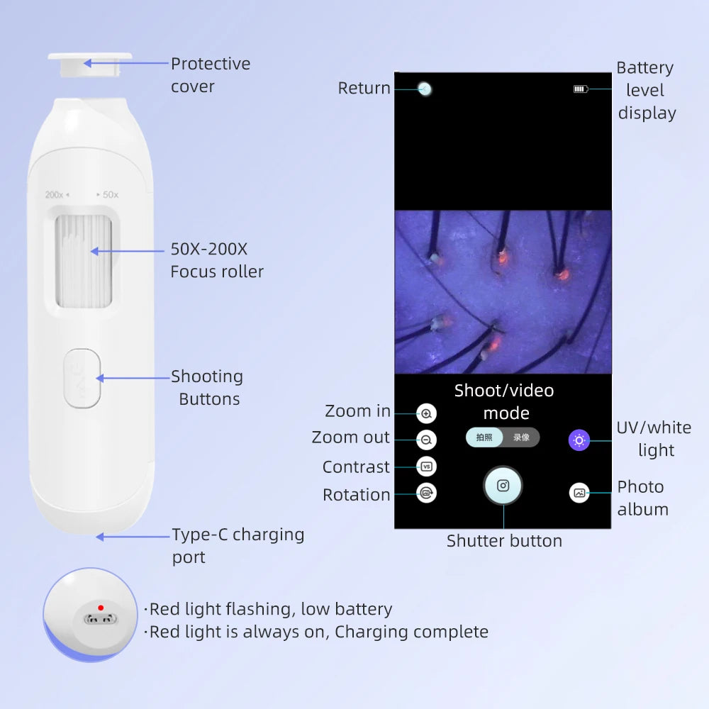 New 50X-200X Hair Follicles Scalp Detector Skin Analyzer Microscope Tool High Definition Skin Tester Support APP Wireless Use