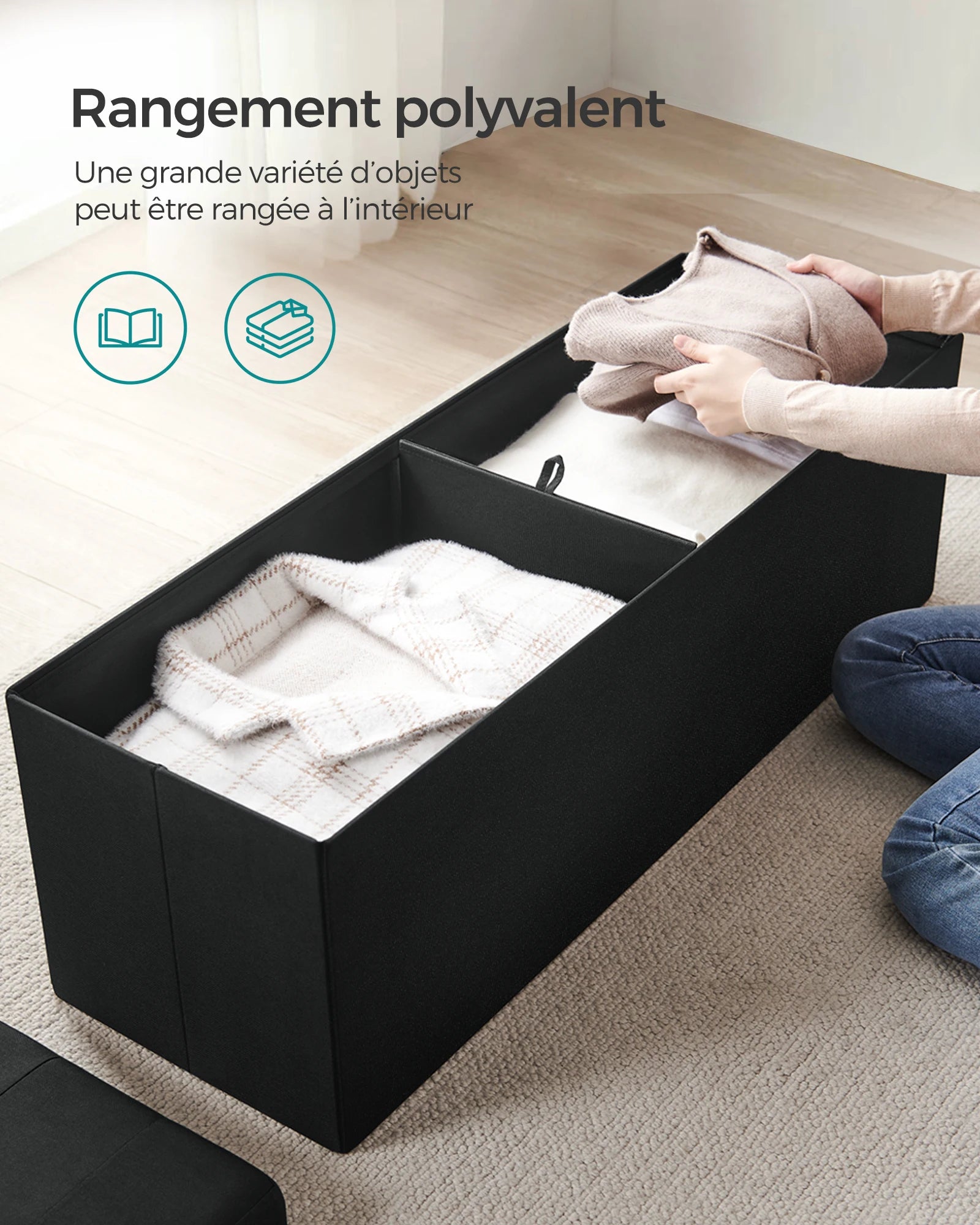 SONGMICS Storage Bench, Foldable Pouffe, 38 x 110 x 38 cm, End of Bed, Footrest, Storage Box, Load up to 300 kg, for Living Room