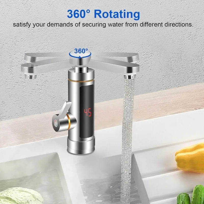 Electric Instant Heater Faucet Tankless Hot Water Heater Tap , Electric Hot Water Tap, LCD Temperature Display, 360 ° Mixed
