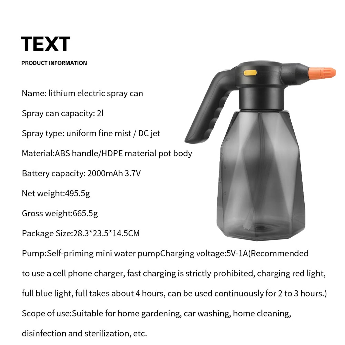 2L Rechargeable Handheld Sprinkler Electric Sprayer Watering Can Atomizing Watering Bottle Water Sprayer Garden Plants Sprayer