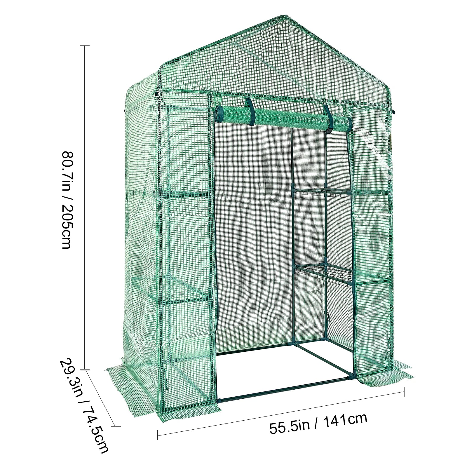 SucceBuy Walk-in Green House Greenhouse with Shelves High Strength PE Cover with Doors & Windows and Steel Frame for Planting
