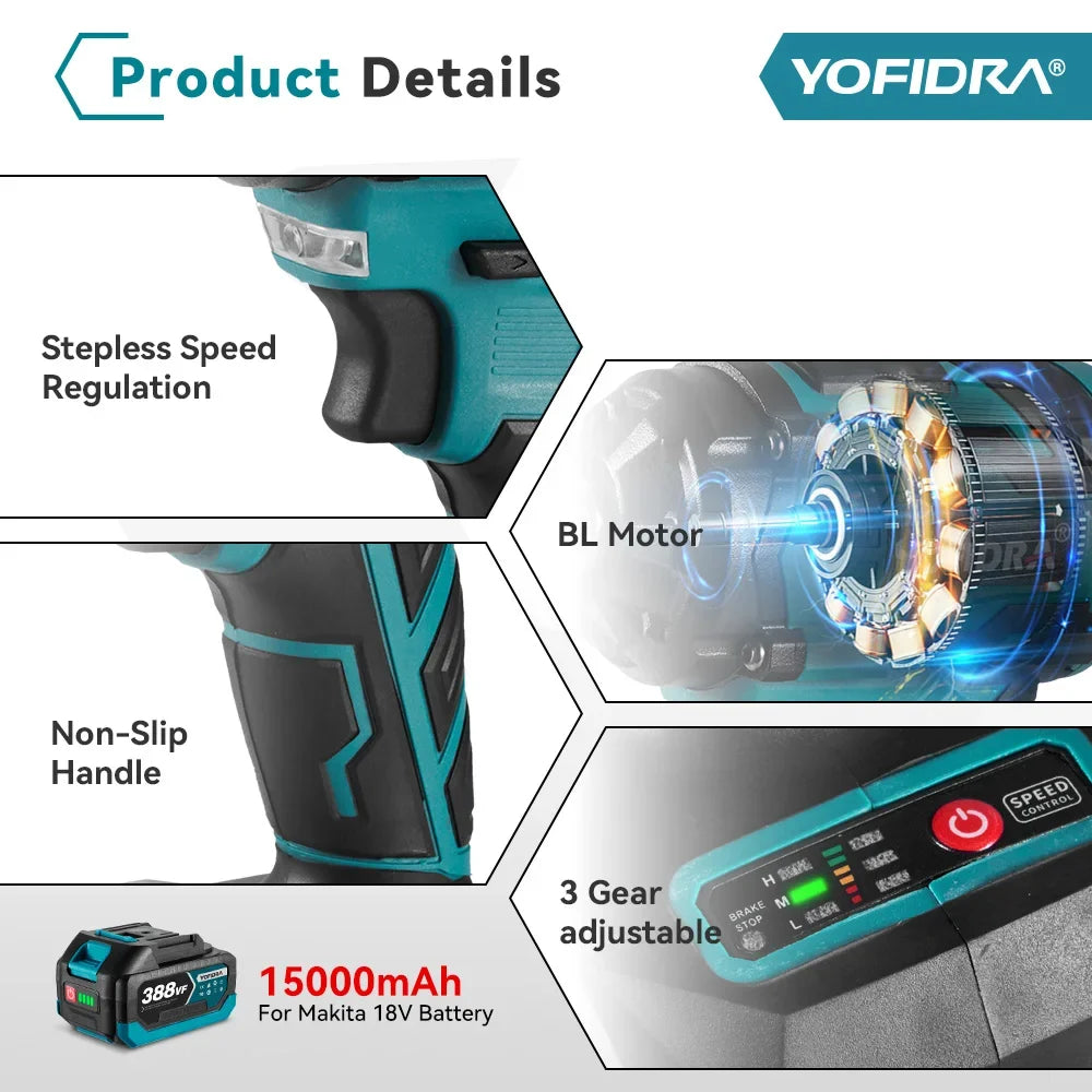 YOFIDRA 1000N.m Brushless Electric Impact Wrench 1/2" Cordless Rechargeable Socket Screwdriver Power Tool For Makita Battery Pin