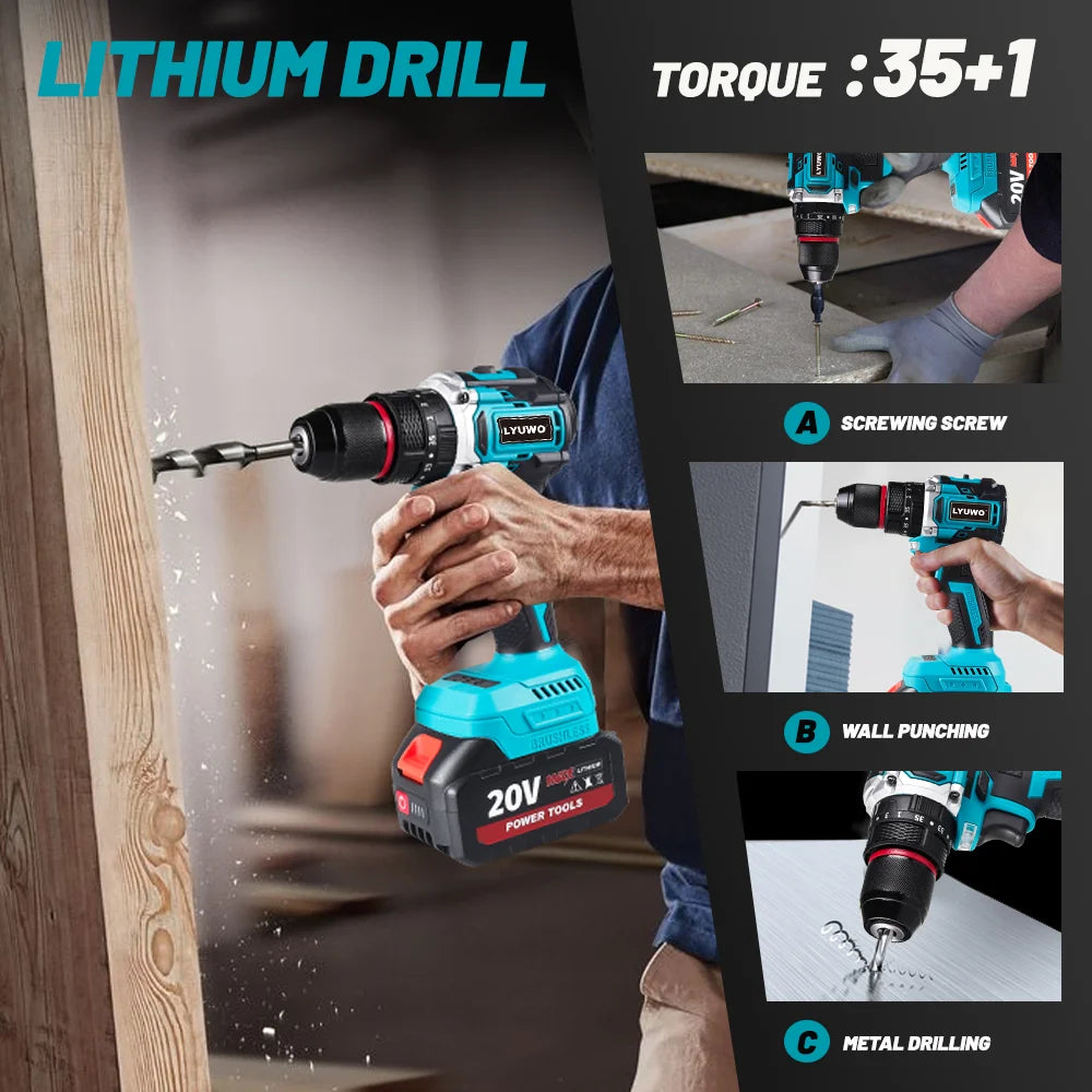 LYUWO Lithium Battery 21V Rechargeable Brushless Compact Electric Screwdriver Hand Drill Impact Drill LW-DZ20