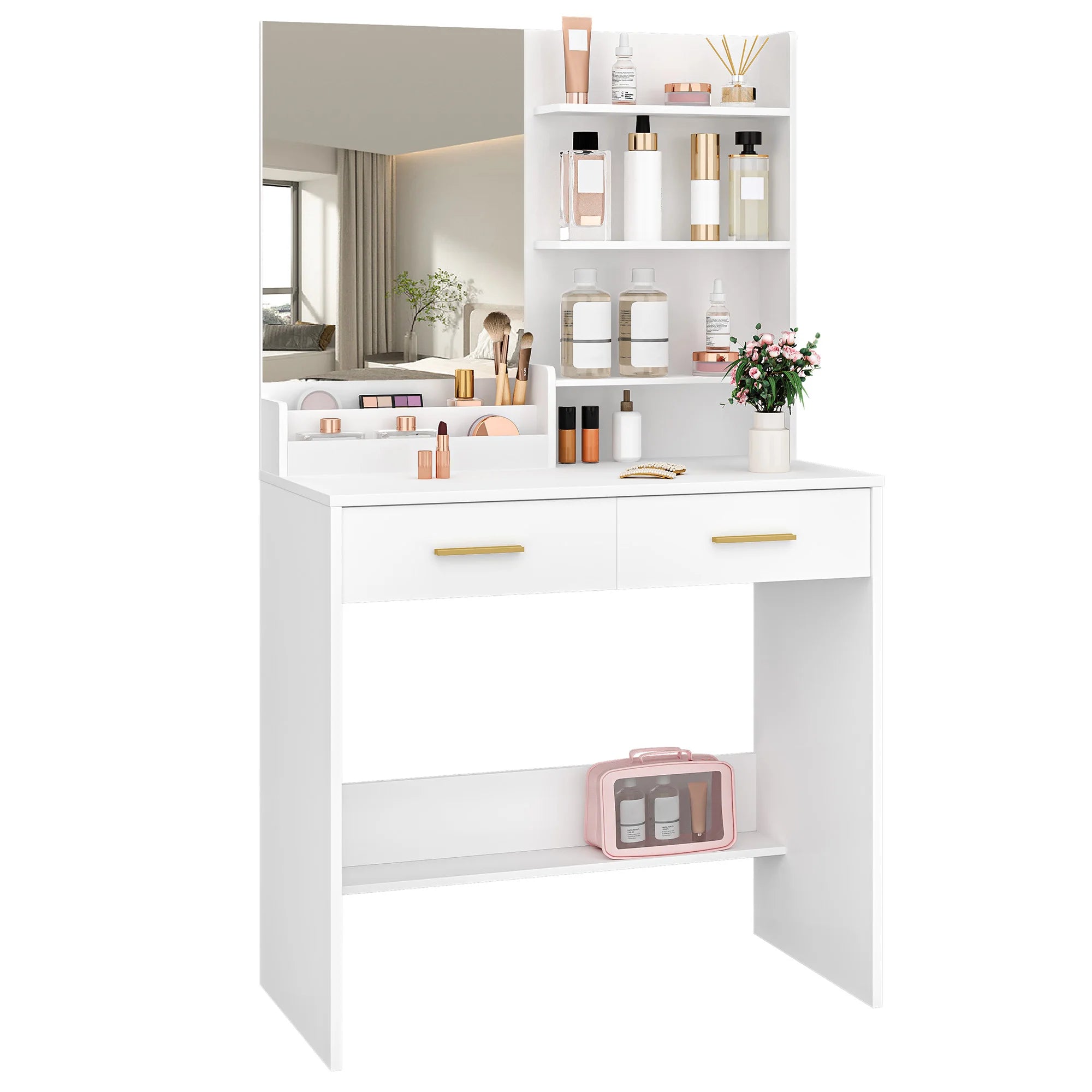 Dressing Table with Mirror, Vanity Unit with 4 Open Shelves and 2 Compartments, Dressing Table with 2 Drawers, for Bedroom, Livi