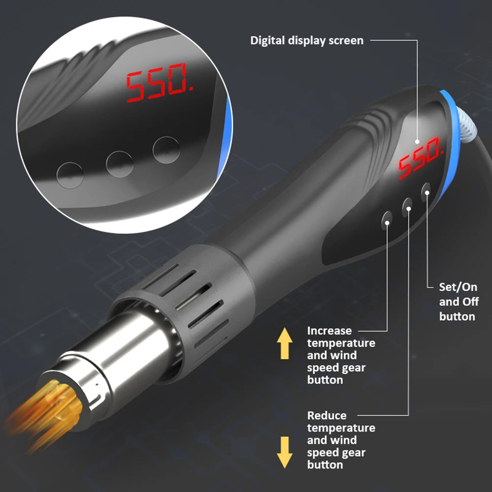 Handheld Hot Air Machine 600W Welding Tool Set 7 Nozzles LCD Digital Thermal Blower For Soldering SMD SMT Welding Repair Tool